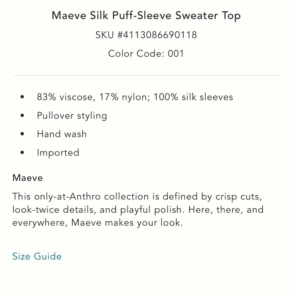 Anthropologie Maeve Silk Puff-Sleeve Sweater Top, M